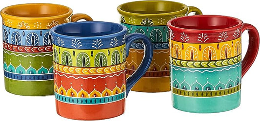 Valencia Mugs Set of 4 – 16 oz Colorful Ceramic Coffee Cups with Bold Multicolor Patterns, Microwave & Dishwasher Safe, Boho Kitchen Drinkware for Tea, Cocoa & More by CERTIFIEDINTERNATIONAL