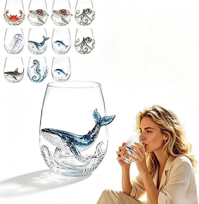 Novelty 3D Sculpted Ocean Life Stemless Wine Glasses, 12oz Embossed Sea Animal Glassware for Beverages, Premium Borosilicate Glass Beach Gifts (Whale) by Unknown
