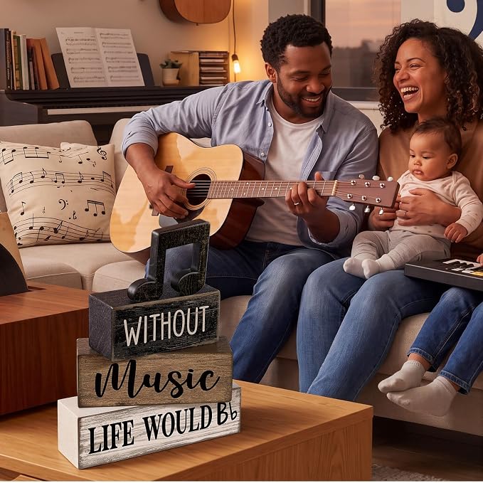 Moucuny 4 Pcs Music Notes Decor Wooden Centerpiece Musicical Party Decoration Musical Notes Theme Tiered Tray Table Signs, Farmhouse Wood Book Stack Decor Office Accessories for Music Home Room Gift - Image 4