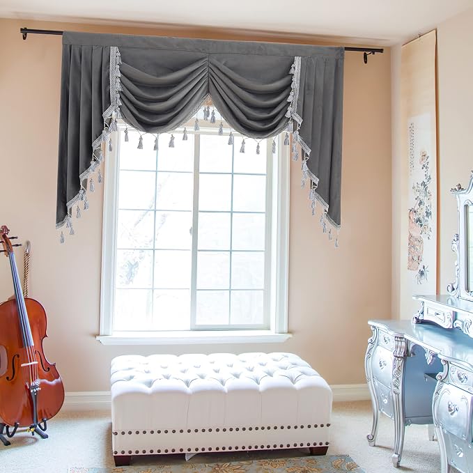 Luxury Grey Velvet Waterfall Curtain Valances W59 inches, 1 Panel | Swag Curtains for Bathroom,Dining Room, Heavy Thick Thermal Insulated Window Curtains for Bedroom, Rod Pocket - Image 2