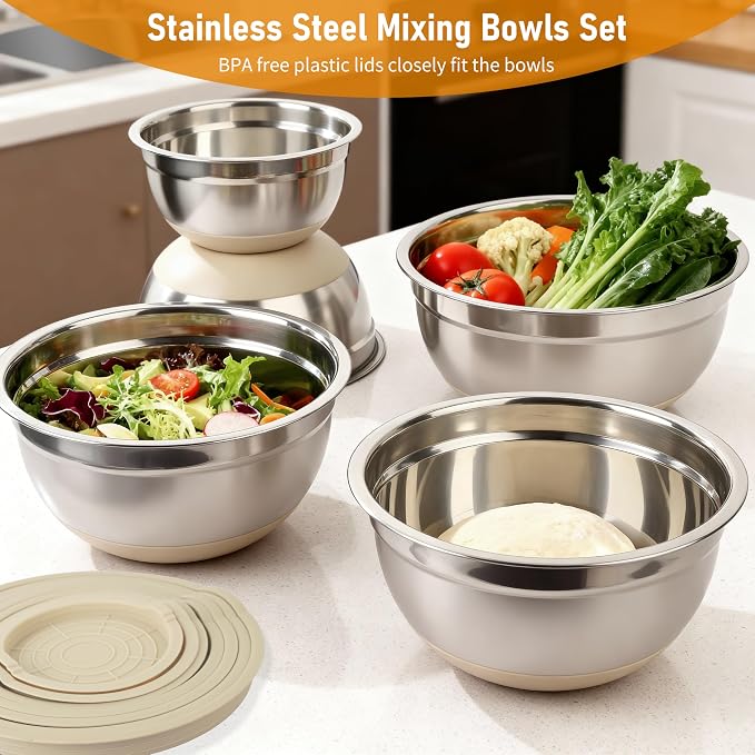 Mixing Bowls with Airtight Lids, 18pcs Stainless Steel Mixing Bowls Set | Nesting Non-slip Silicone Bowls Bottom, Size 4.5, 3.6, 2.7, 2.1, 1.7, 1.1, 0.7 qt, Fit for Mixing & Serving(Khaki) - Image 5
