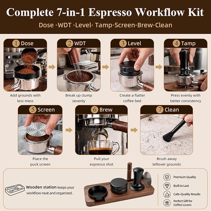 7 PCS Espresso Accessories Kit - 58mm Espresso Tamper Kit with Distributor, Tamping Station, WDT Tool, Funnel, Puck Screen & Brush - Espresso Machine Accessories for 58mm Portafilter - Image 2