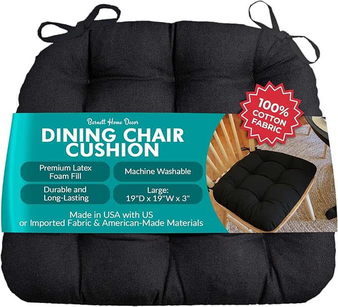 Barnett Home Decor Cotton Duck Black Dining Chair Pad with Ties - 19 x 19 Size Large Chair Cushion - Latex Foam Fill - Machine Washable, Reversible, Solid Color, 100% Cotton, Made in USA by BarnettHomeDecor