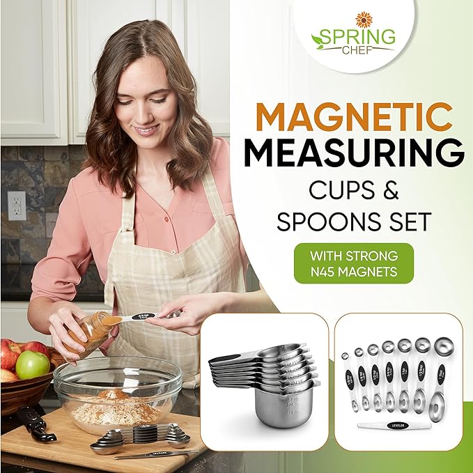 Spring Chef Magnetic Measuring Cups & Spoons Set of 15, Patented, Black | Stackable Stainless Steel Measuring Cups & Heavy Duty Metal Measuring Spoons with Levelers for Dry & Liquid Ingredients - Image 3
