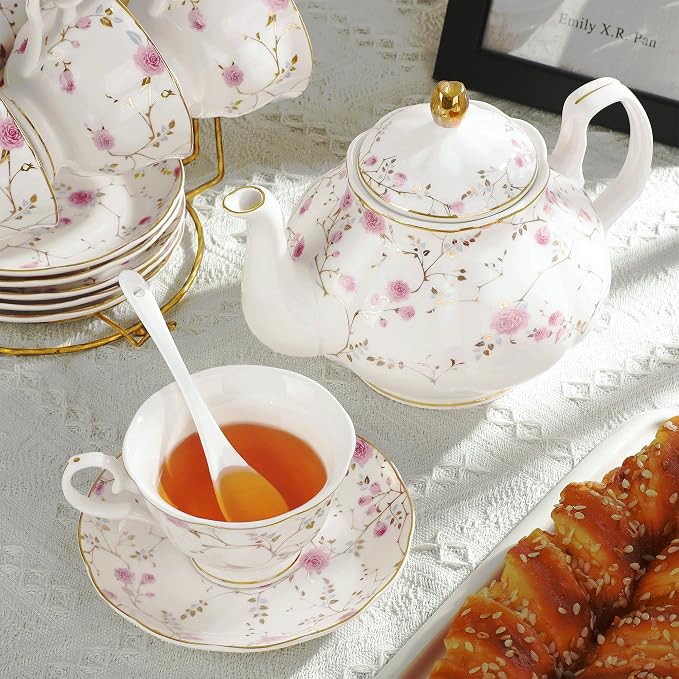 fanquare 21-Piece Gold Vine Floral Porcelain Tea Sets with Sugar Bowl Creamer Teacups, English Bone China Tea Service for Women TeaParty Family Gathering Home Décor | Porcelain Tea Service with Sugar Bowl Creamer Teacups for Women TeaParty Family Gathe... - Image 2