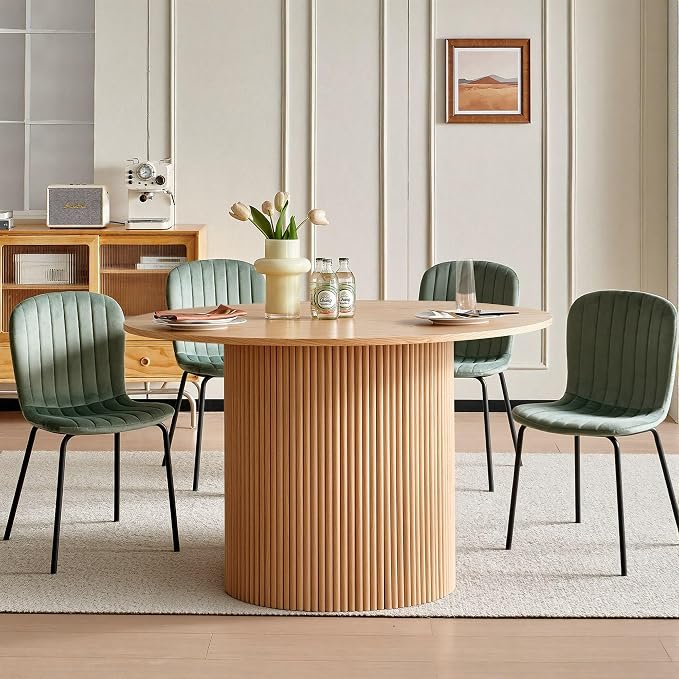 5 Piece Round Dining Table Set for 4, Mid Century Modern Wooden Kitchen Table and Chairs, Space-Saving Small Dinette Set (47 Inch Oak Table+4 Green Chairs) - Image 4