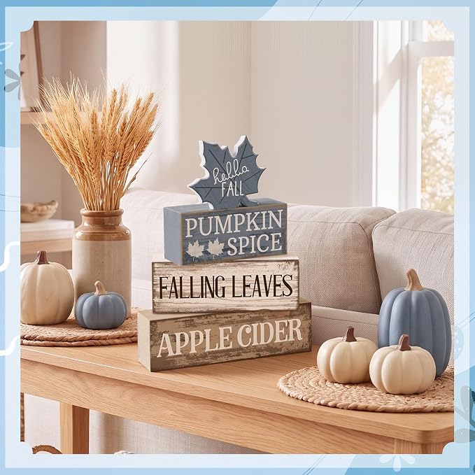 Moucuny 4 Pcs Fall Table Decoration Rustic Blue Maple Leaf Stacked Wooden Block Decor Thanksgiving Tiered Tray Decor Blue and White Maple Leaf Block Sign Gift Fall Centerpiece for Harvest Home Kitchen - Image 7