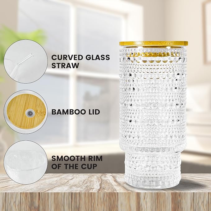 4 Pcs 11 oz Drinking Glasses Cups Set with Bamboo Lids Straws Brush Small Drinking Glassware Set for Juice Iced Coffee Cocktail Whiskey(Hobnail*4) | Vintage Iced Coffee Cup with Bamboo Lid, Cute Stackable Glassware for Cocktail Juice Matcha Smoothie Ho... - Image 4