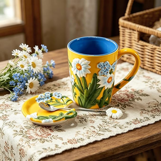 Ceramic Coffee Mug, 19 oz Large Floral Mug with Lid, Novelty Hand-Painted Mugs with Handle & Spoon, Dishwasher & Microwave Safe Cups for Coffee, Tea, Cocoa, Birthday Housewarming Wedding Gift - Yellow - Image 5