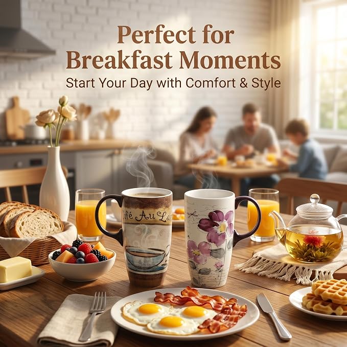 Topadorn Set of 2 Ceramic Travel Mugs with Lids, 17oz Coffee Mug Set | Vintage Café & Floral Artwork • 17oz Capacity • Comfortable Handles • Microwave & Dishwasher Safe • Gift Box Included - Image 4