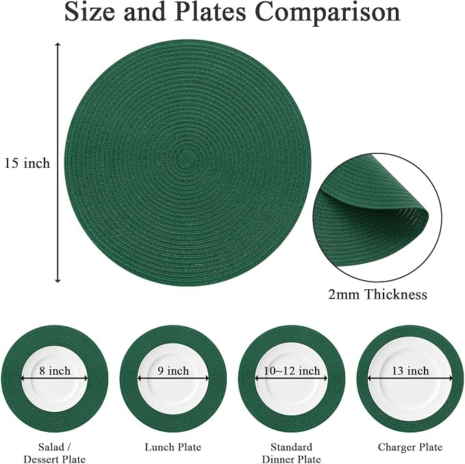 SHACOS Dark Green Round Placemats Set of 6 Cotton Polyester Braided 15 inch Washable Kitchen Dining Table Place Mats Christmas Table Mats for Home Wedding Party Decor - Image 4