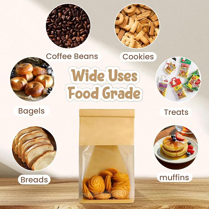 HONKID Bread and Cookie Bags with Seal, 100 Pack 11 x 5.1 x 3.9 Inches Bakery Bags with Window Reusable Tin Tie Tab Lock for Sealed Baked Goods Packaging for Pastry Bagels Breads Treats Cookies Brown - Image 5