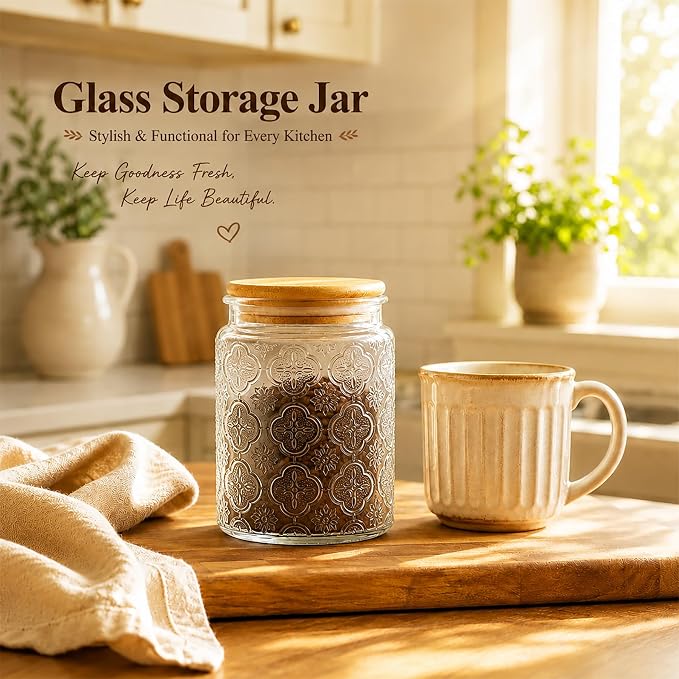 Glass Storage Jars With Airtight Lid, 23.7oz Canister For Kitchen Counter with Bamboo Lid, brown sugar, candy, coffee, cookie, salt, tea,pantry cute Jar (Begonia Flowers*1) - Image 7
