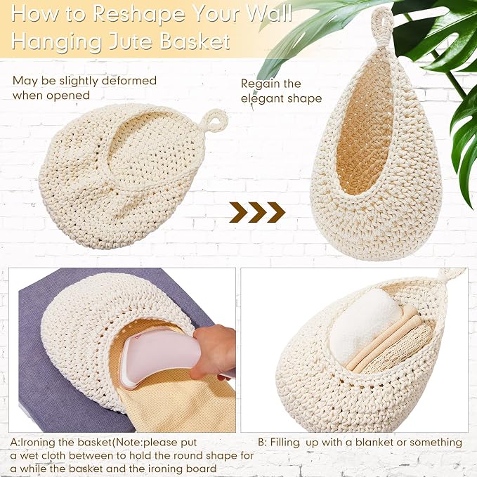 Honeydak Boho Decor Hanging Wall Baskets for Kitchen 3 Pack Teardrop Baskets with Hooks Storage Fruit Onion Vegetable Potato for Home 3 Sizes(White,Teardrop,Cotton Rope) - Image 4