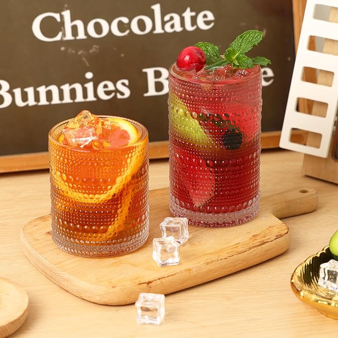 Moretoes Hobnail Drinking Glasses Set of 16, Vintage Water Glass Cups | 12 Oz Highball Glasses & 10 Oz Cocktail Glasses, Clear Embossed Boho Kitchen Bar Tumbler for Whiskey, Beer, Juice, Milk - Image 2