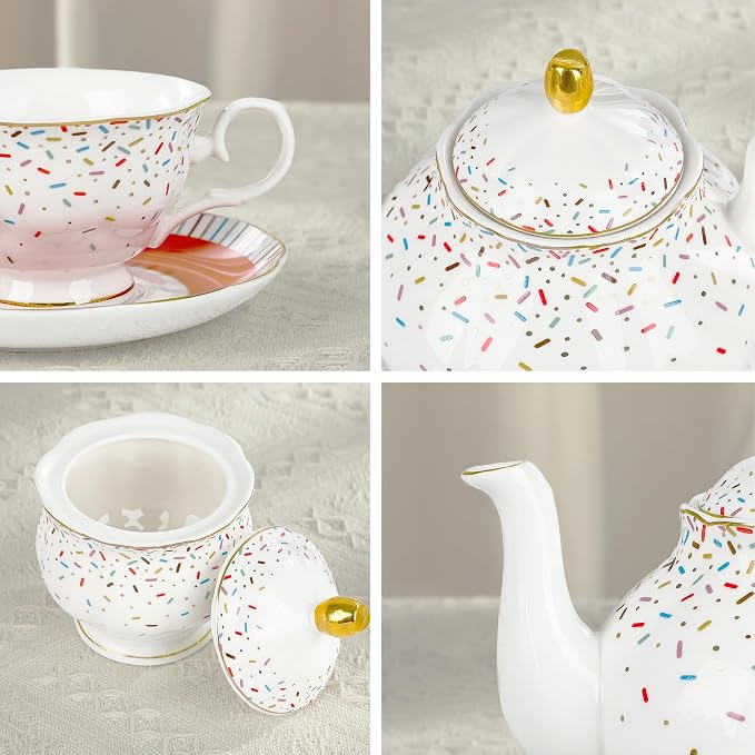 fanquare 21-Piece Colorful British Porcelain Tea Sets, 6 Cups and Saucers Set for Party, Rainbow Sprinkle Sugar Pattern Coffee Set for Adults, Birthday, Holiday, Celebrations - Image 3