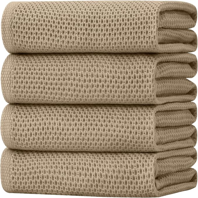 Homaxy 100% Cotton Oversized Waffle Weave Kitchen Towels 4-Pack, Tan | 20 x 28 Inches, Ultra Soft Absorbent Dish Towels, Quick Drying Large Cleaning Towels by Homaxy