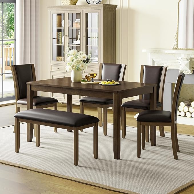 6-Piece Dining Table Set with Bench and Chairs - Solid Wood Kitchen Dining Room Table Set in Farmhouse Rustic Style, Table Set for 6 with 4 Chairs and Bench Seat.(Dark Walnut_Large) by Augabam