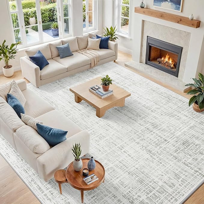 10x12 Washable Area Rug for Living Room Bedroom: Non-Slip Modern White Gray | Machine Washable TPR Backing, Stain-Resistant Low Pile, Pet & Kid Friendly, Abstract Decor for Dining Room, Dorm, Home Office by Oriannal