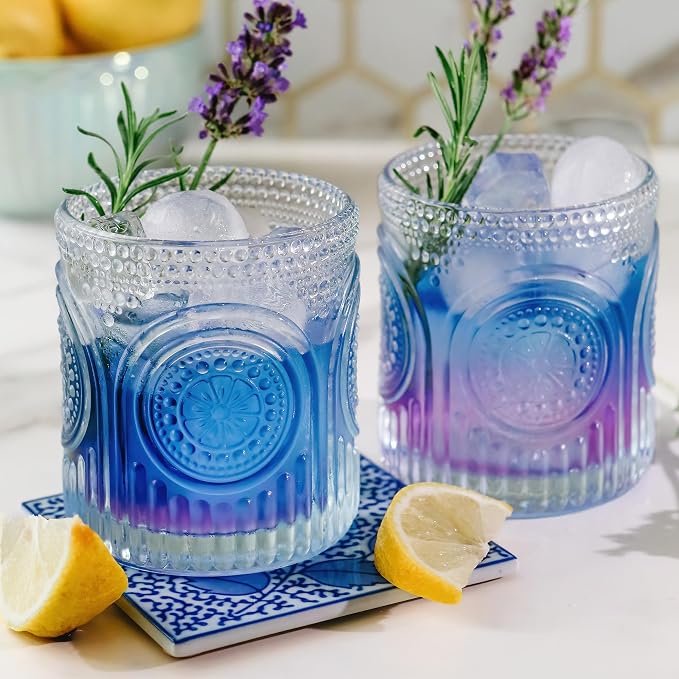 Ribbed Retro Arch Floral Clear Drinking Glasses Set of 6, (10 oz) Vintage Glassware Set by Kate Aspen| Cocktail Glass Set, Juice Glass, Water Cups | Great Hostess Gift & Gift for New Home Owners - Image 3
