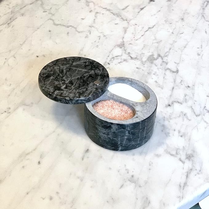 Fox Run Black Marble Double Salt Cellar Black 4” x 4” x 2.5” | Store Herbs, Spices Jewlery & More | Beautiful Black Marble Salt Holder With Lid | Two Compartments For Easy Storage - Image 6