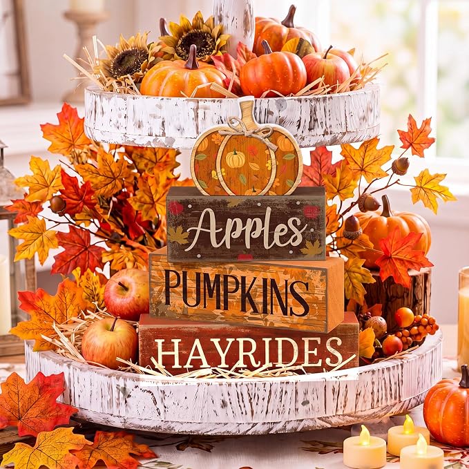 Moucuny 4 Pcs Fall Pumpkin Decor Fall Decorations for Home Wooden Pumpkin Decor Thanksgiving Table Centerpiece Rustic Hay Rides Autumn Stacked Block Signs Farmhouse for Harvest Party Home Kitchen - Image 6