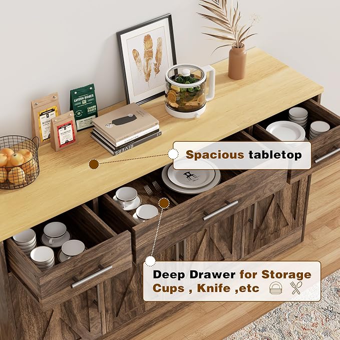 Vongrasig 53' Large Sideboard Cabinet with 4 Doors and 3 Drawers, Farmhouse Buffet Table Coffee Bar Kitchen Storage Cabinet, Wood Cabinet for Kitchen, Dining Room, Rustic Brown - Image 6