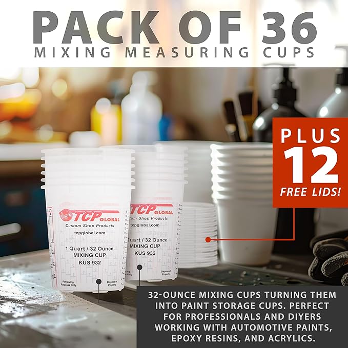Custom Shop Paint Mixing Cups, 32-Ounce (36 Pack) - Plastic Measuring Cups for Liquids, Automotive Painting, Epoxy Resin, Acrylic Arts, Crafts, Disposable or Reusable, Graduated, Mixing Ratios