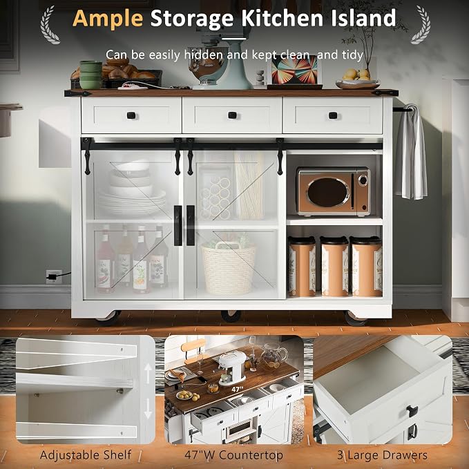 Farmhouse Kitchen Island on Wheels with Drop Leaf & Power Outlet, 53.7-Inch Rolling Storage Island Cart with Drawers, Sliding Barn Door Cabinets, Spice Rack (Retro White) - Image 4