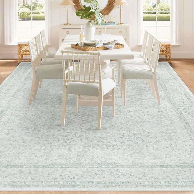 8x10 Area Rugs for Living Room: Washable Large Vintage Floral Rug Low Pile Non-Slip Boho Carpet for Bedroom Home Office Dining Room (Green, 8'x10') - Image 3