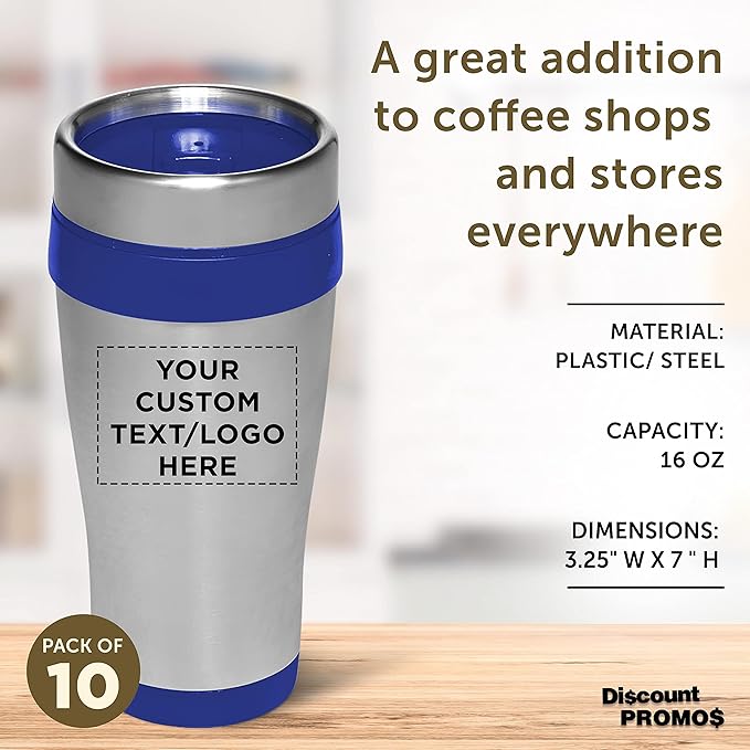 Custom Insulated Stainless Steel Travel Mugs 16 oz. Set of 10, Personalized Bulk Pack - Perfect for Coffee, Soda, Other Hot & Cold Beverages - Blue