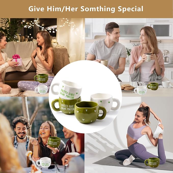 4pcs Ceramic Coffee Cups, 9.4OZ Cute Matcha Cup Set, Green & White, Dishwasher Safe Green Tea Mugs, Pretty Girls Collection - Image 6