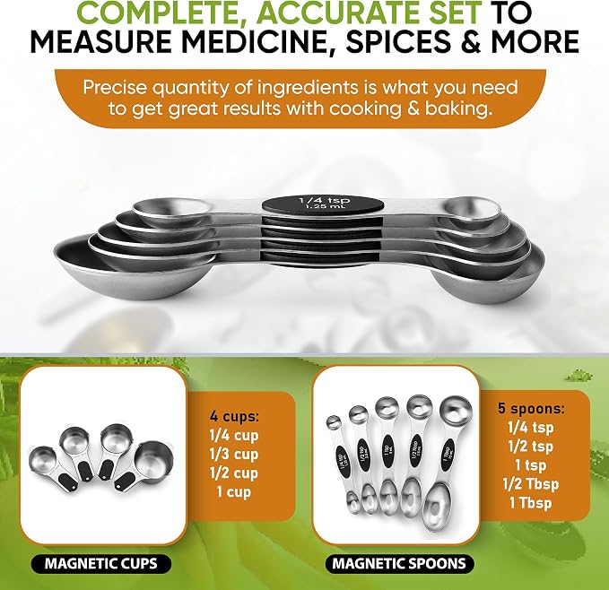 Spring Chef Magnetic Measuring Cups & Spoons Set of 9, Patented, Black | Stackable Stainless Steel Measuring Cups & Heavy Duty Metal Measuring Spoons with Levelers for Dry & Liquid Ingredients - Image 6