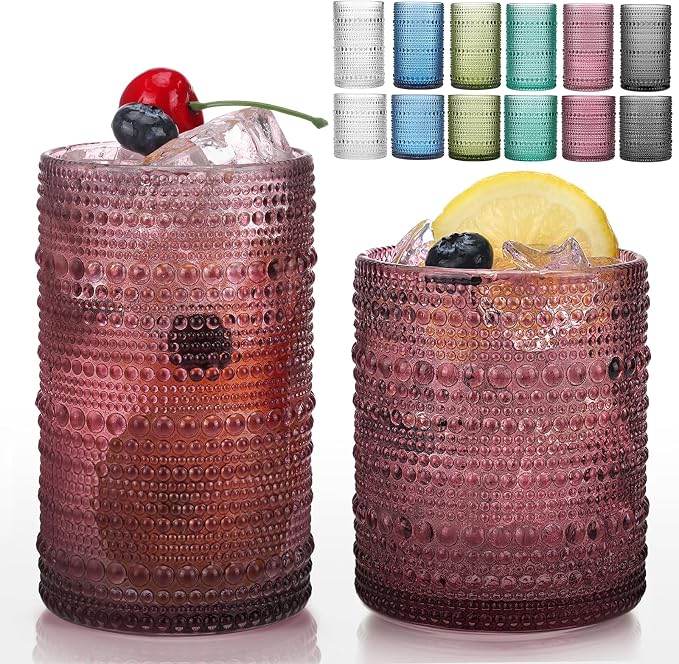 Moretoes Colored Hobnail Drinking Glasses Set of 12,Vintage Glass Cups | Mixed Glassware, 6pcs 12oz Highballs and 6pcs 10oz Old Fashioned Glasses, Great for Cocktail, Whisky and Other Beverages by Moretoes