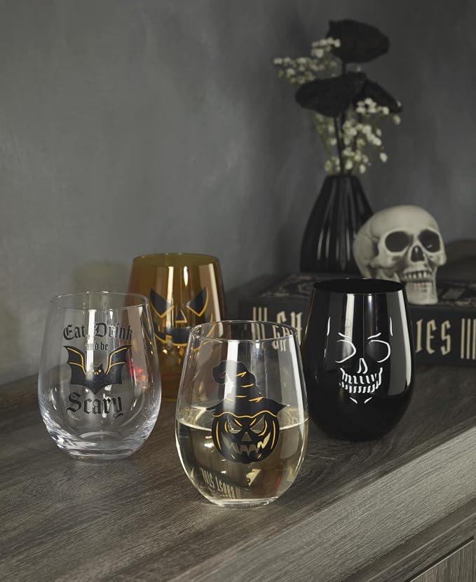 Oneida Vintro Halloween Stemless Wine Glasses, Set of 4 | dishwasher safe | skeleton and bat designs | halloween party glassware | 5 inch, 18oz, halloween kitchen decor - Image 3