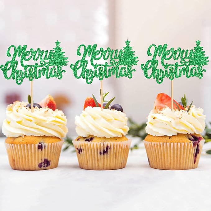 24 Pack Christmas Cupcake Toppers - Merry Christmas & Holiday Cupcake Picks - Boy Girl Baby Shower Birthday Party Cake Decorations - Green - Image 5