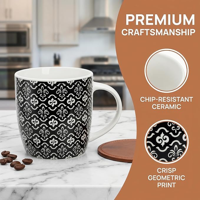 Okllen 6 Pack 11.5 Oz Coffee Mugs Geometric Textured, Ceramic Coffee Mugs Stylish Tea Cup Mugs Set Gift for Latte, Cappuccino, Milk, Water, Cocoa, Cereal, Black and White - Image 3