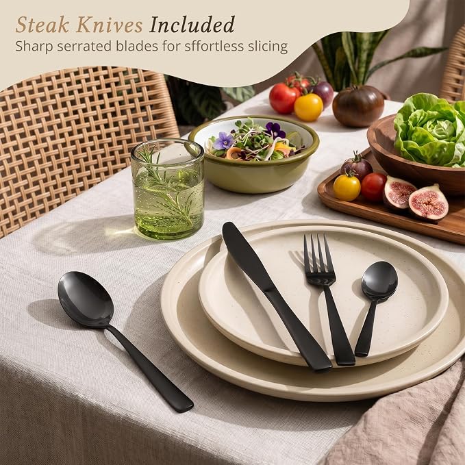 Hiware 48-Piece Black Silverware Set for 8, 18/10 Stainless Steel Flatware Cutlery Set with Forks, Knives, Spoons, Steak Knives, Durable and Elegant Design Utensils Tableware - Dishwasher Safe - Image 5