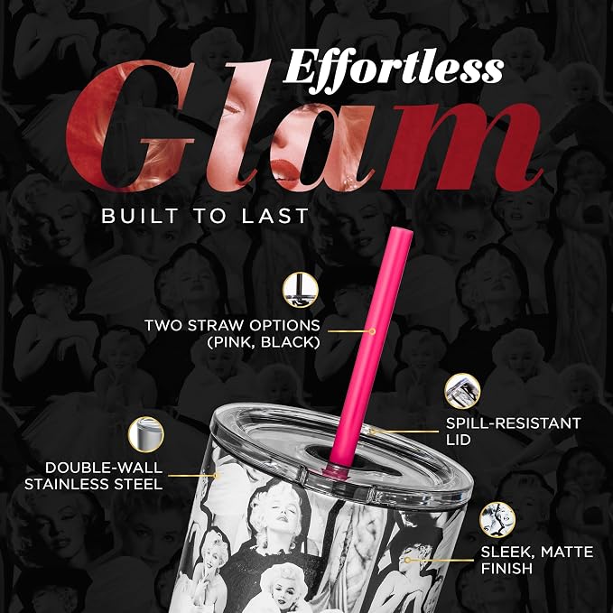 Dragon Glassware x Marilyn Monroe Tumbler with Straw & Lid, 24 oz | Vacuum Insulated Stainless Steel Tumbler with Straw & Lid; Double Walled Tumbler with Straw Charm; Marilyn Monroe Cup - Image 3