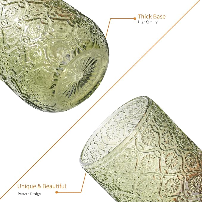Set of 8 Vintage Embossed Glassware,4 Highball Glasses 14oz & 4 Rocks Drinking Glasses 9oz, Art Deco, for Wine, Water, Cocktail, Juice, Whiskey, Gift (Green) - Image 7
