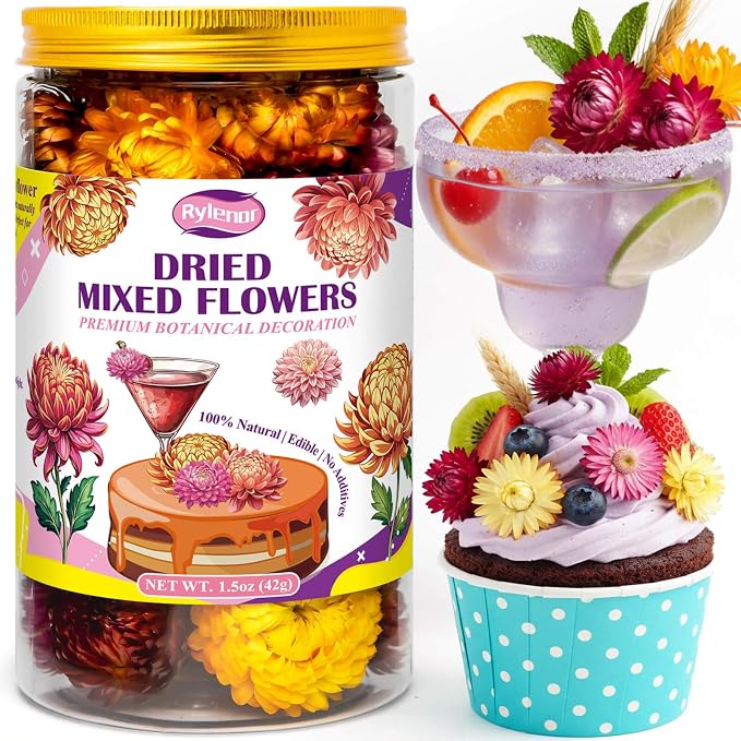 40-50 Pcs Edible Mixed Color Dried Flowers Food Grade Edible Flowers | 1.5 OZ Natural Dreid Flowers for Garnishing Cocktails, Cake Decorations, Drink Botanicals, Tea Infusions and DIY by rylenor