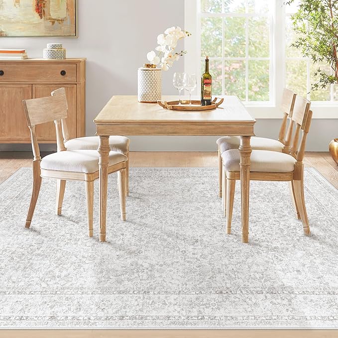 5x7 Area Rugs for Living Room: Washable Vintage Floral Rug Low Pile Non-Slip Boho Carpet for Nursery Bedroom Dining Room (Floral Grey, 5'x7') - Image 6