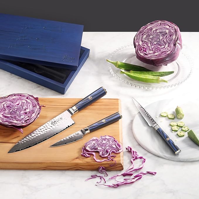 Cangshan KITA Series 3-Piece Starter Knife Set (8" Chef + Serr. Utility + 3.5" Paring) High Carbon X-7 Damascus Steel Blades with Ash Wood Box, 501530 (3pc)