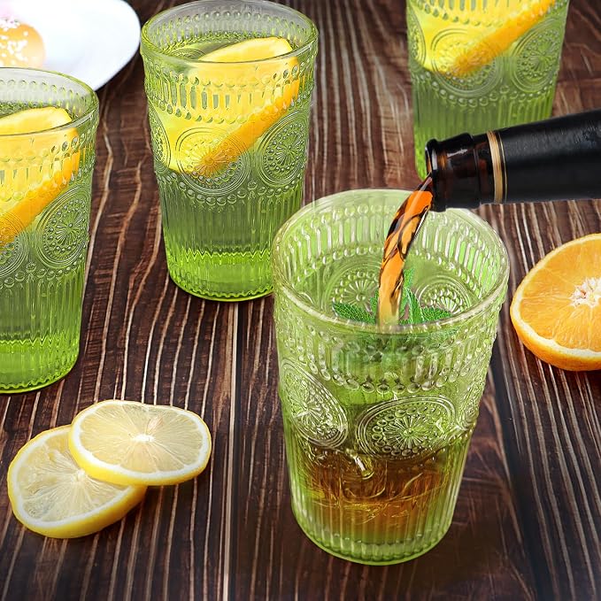 Loivttvv 6pcs Vintage Drinking Glasses Set, 12 oz Green Highball Glasses, Embossed Ribbed Glassware Cups for Cocktail, Water, Juice, Coffee, Whiskey - Image 3