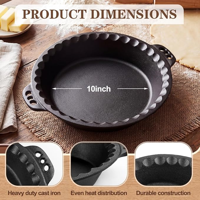LemonRoad 2 Pcs Cast Iron Pie Pan for Apple Pumpkin Cherry Pies Quiche & Tarts 10" Pan with Crimped Edges and Handles for Thanksgiving Christmas Gift Kitchen Indoor Outdoor Picnic - Image 2