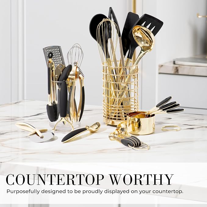Styled Settings Black and Gold Kitchen Utensils Set, 23-Piece | Stainless Steel, Silicone, 23-Piece Kitchen Accessories Includes Gold Measuring Cups, Spoons, Cooking, and Kitchen Decor - Image 3