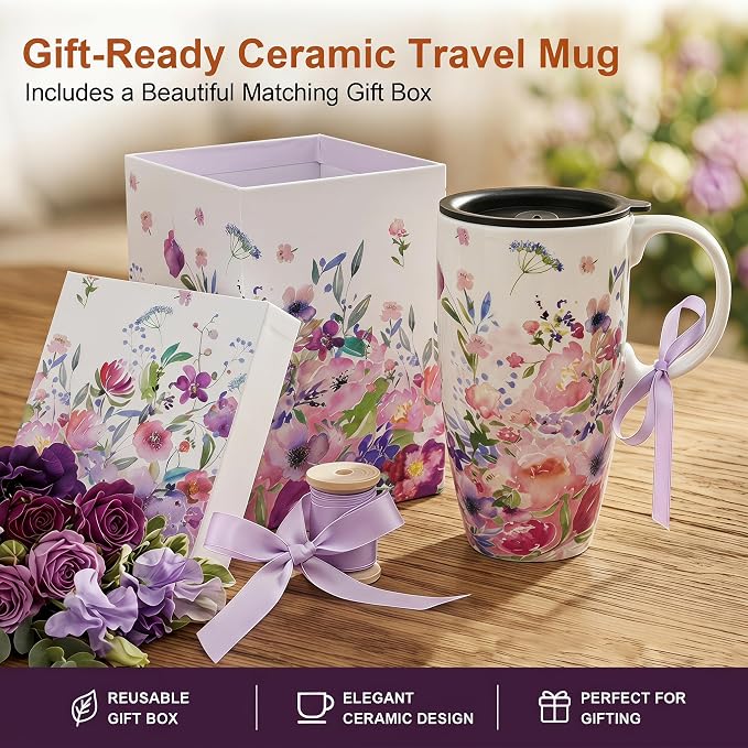 Topadorn 17oz Ceramic Travel Mug with Lid, Floral Coffee Mug with Handle | 17oz Ceramic Travel Mug • Floral Watercolor Design • Spill-Resistant Lid • Microwave & Dishwasher Safe • Gift Box - Image 8