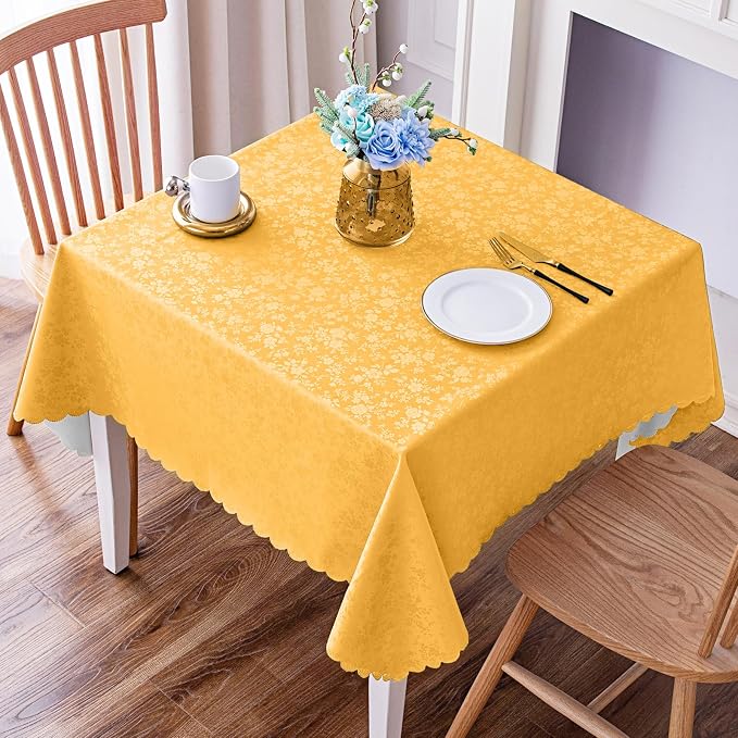 Smiry Square Waterproof Heavy Duty Vinyl Tablecloths, 54 x 54 Inch | Wipeable Washable Floral Embossed Table Cover for Kitchen and Dining Room, Indoor & Outdoor Use, Mustard Yellow by Smiry