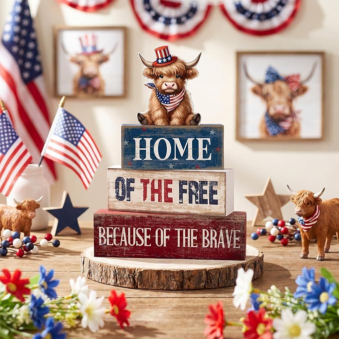 Moucuny 4 Pcs 4th of July Decorations Patriotic Highland Cow Wooden Block Sign Set America Table Decor Patriotic Tiered Tray Decor Red White Blue Memorial Day Centerpieces for 250th Anniversary Home - Image 2