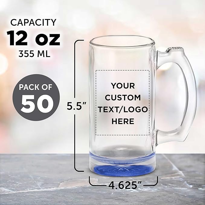 50 Libbey Beer Mugs Set, 12 oz. - Customizable Text, Logo - Groomsmen Glassware - Blue
